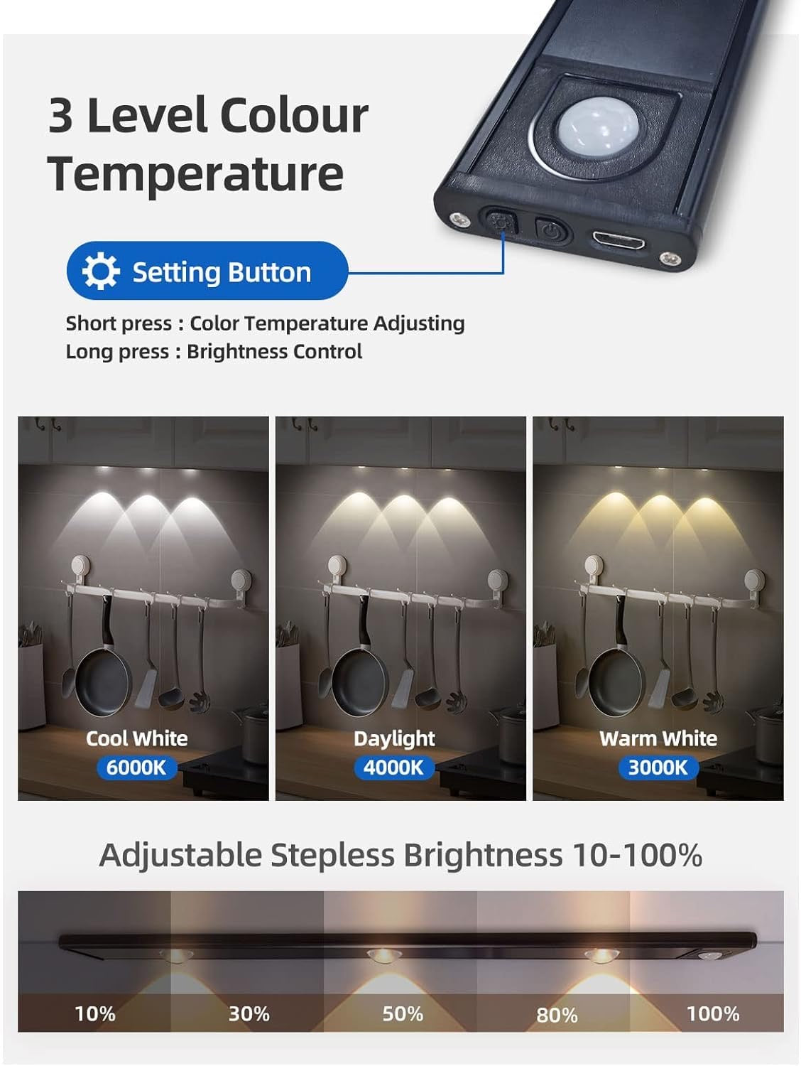 Motion Sensor Cabinet Light Wireless Rechargeable LED with 3 Color Modes, USB Powered, 255 Lumens, Under Cabinet Lighting for Closet, Bedroom, Kitchen, Stairs, Hallway, Garage